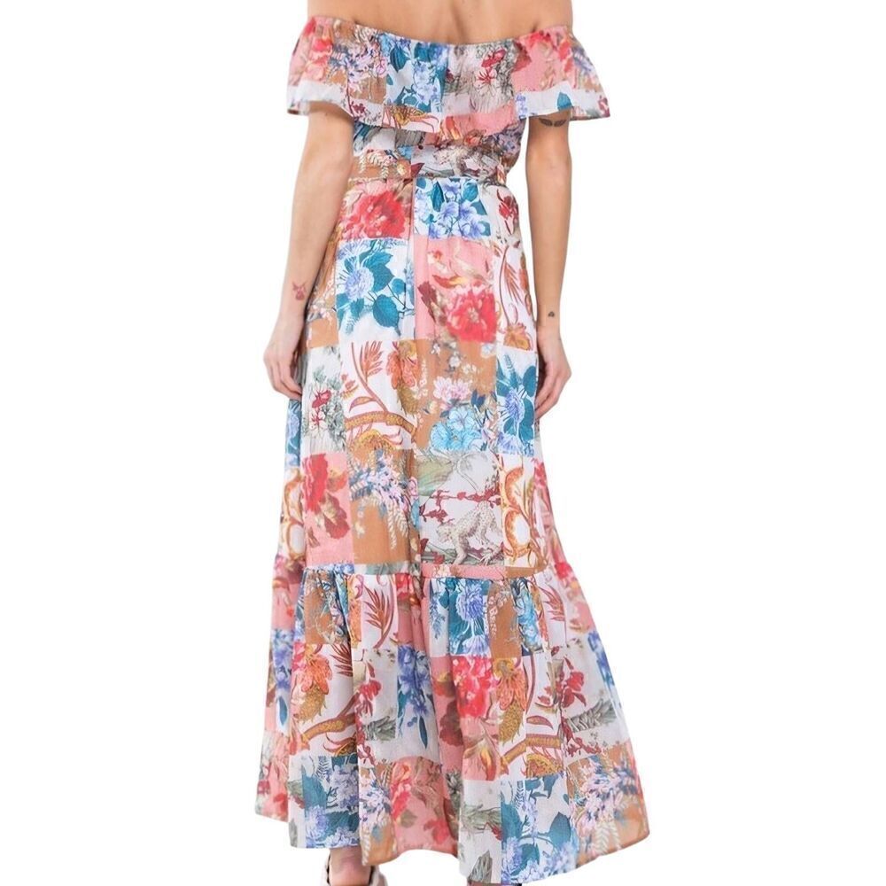 Ces Femme Boutique Dress Women's Medium Patchwork Floral Boho Off Shoulder Maxi - Picture 3 of 7